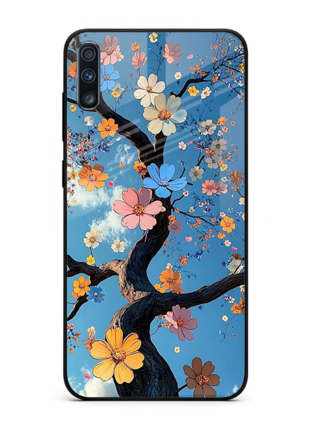 Blue blossom branch artwork on Samsung A50 glass back cover with cool botanical tones.