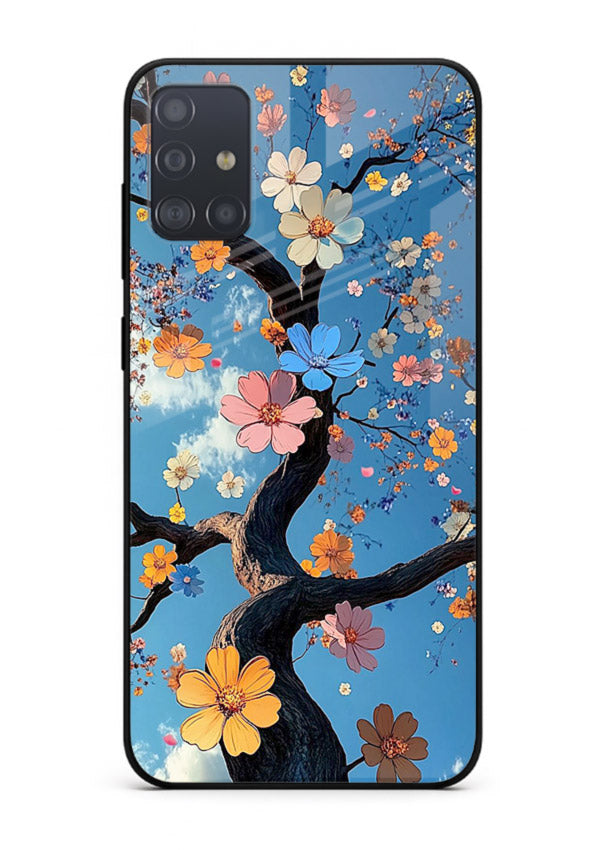 Blue blossom branch artwork on Samsung A51 glass back cover with cool botanical tones.