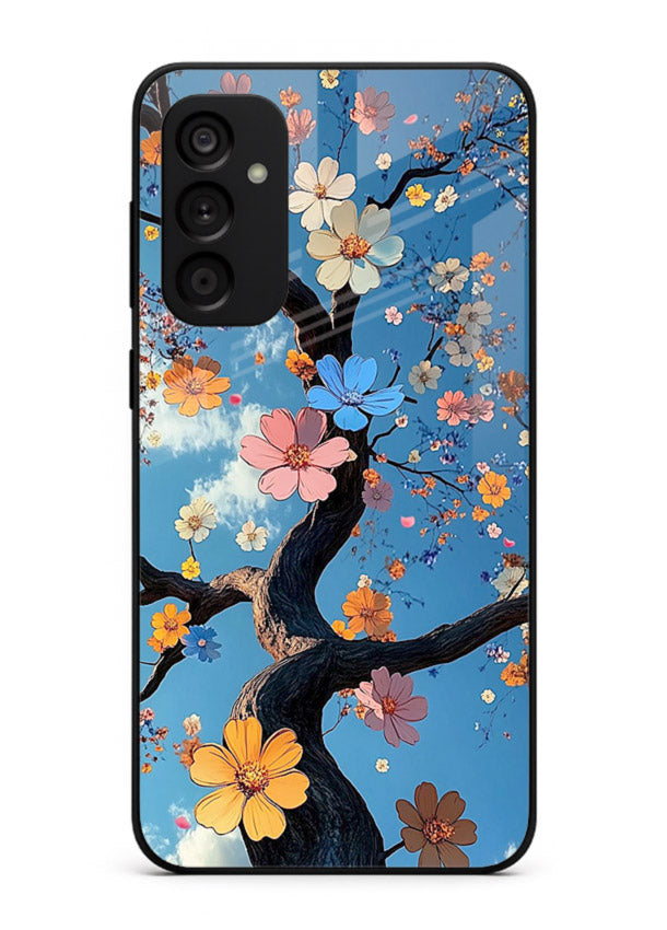 Blue blossom branch artwork on Samsung A15 5G glass back cover with cool botanical tones.