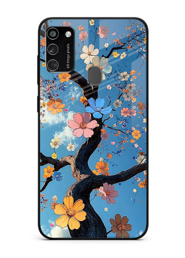Blue blossom branch artwork on Samsung M21 glass back cover with cool botanical tones.