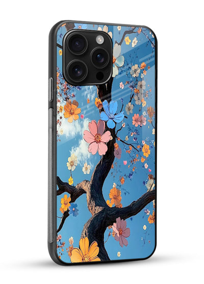 Blue blossom branch artwork on glossy vibrant premium glass back cover with cool botanical tones. - Angle Side