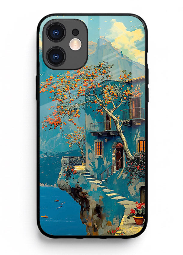 Blue Cliff Village coastal cliff village artwork iphone 12 glass back cover