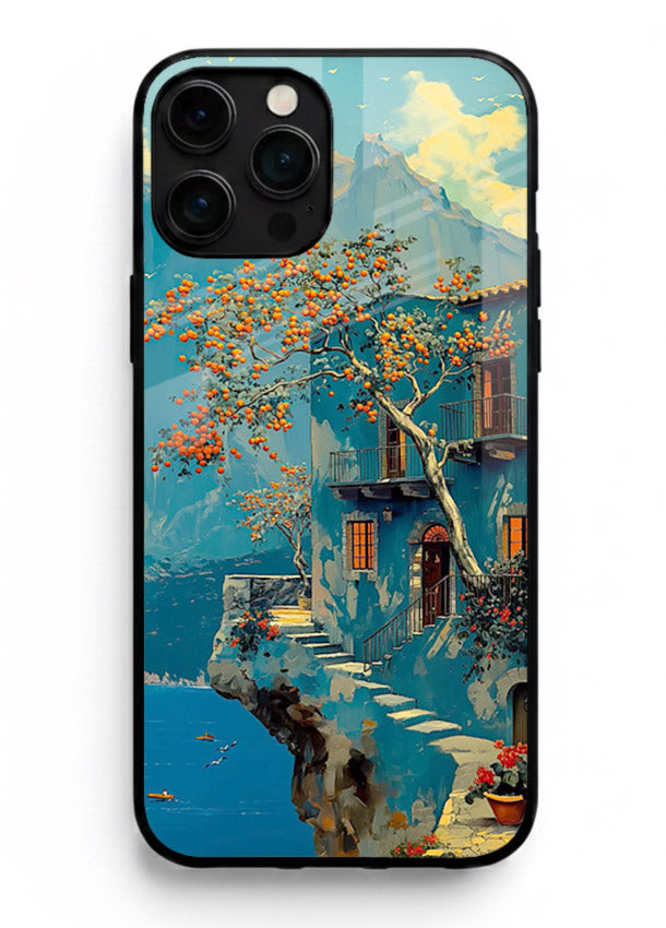 Blue Cliff Village coastal cliff village artwork iphone 11 pro max glass back cover