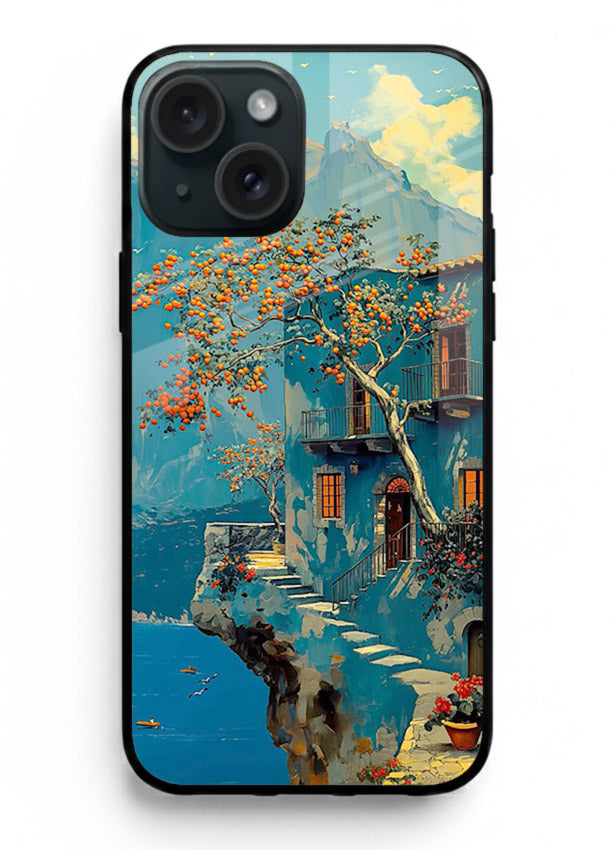 Blue Cliff Village coastal cliff village artwork iphone 14 plus glass back cover
