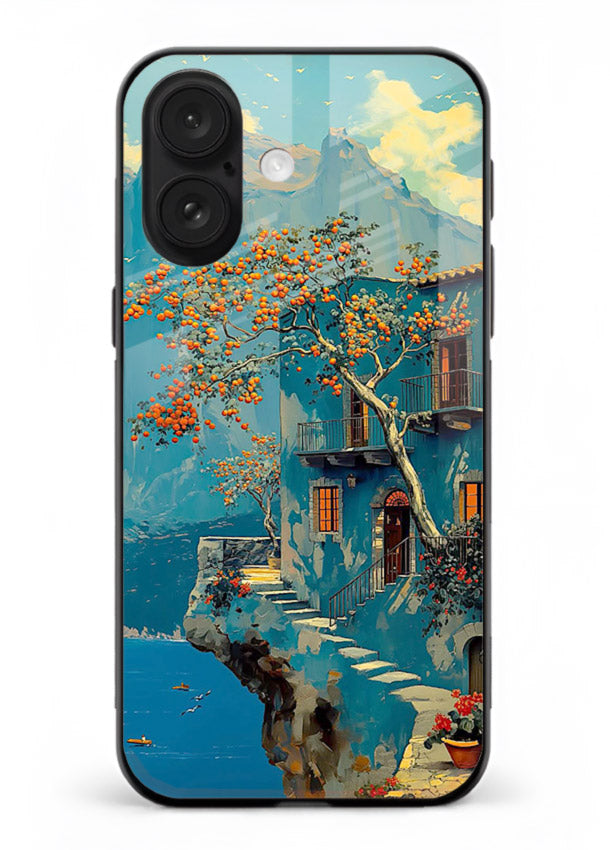 Blue Cliff Village coastal cliff village artwork iphone 16 glass back cover