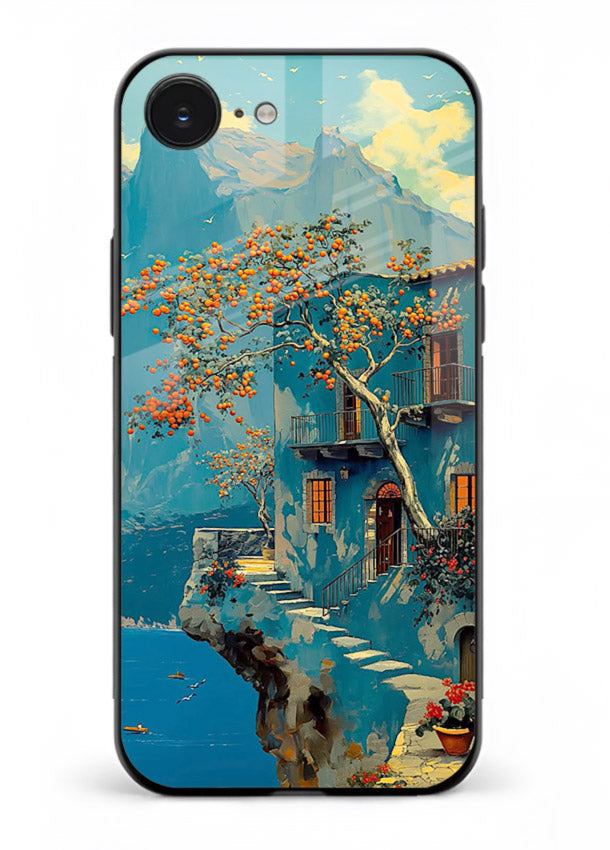 Blue Cliff Village coastal cliff village artwork iphone 16e glass back cover