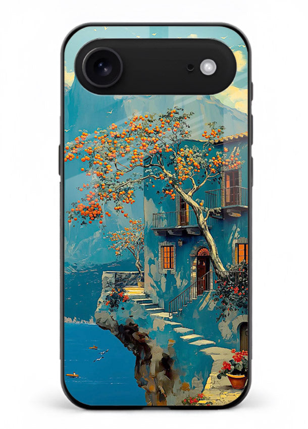 Blue Cliff Village coastal cliff village artwork iphone 17 air glass back cover
