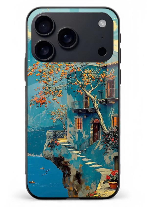 Blue Cliff Village coastal cliff village artwork iphone 18 pro max glass back cover