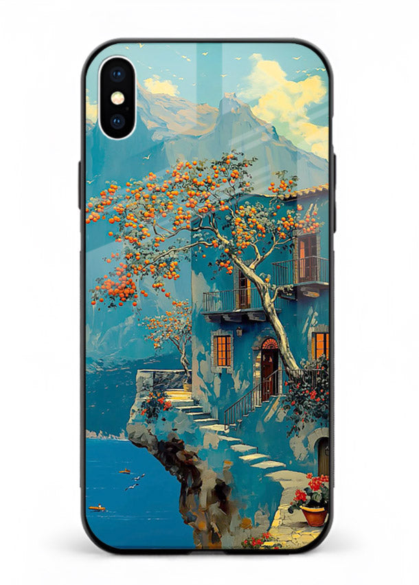 Blue Cliff Village coastal cliff village artwork iphone xs max glass back cover