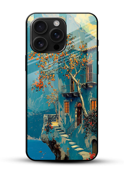 Blue Cliff Village coastal cliff village artwork glossy vibrant premium glass back cover - Angle Front