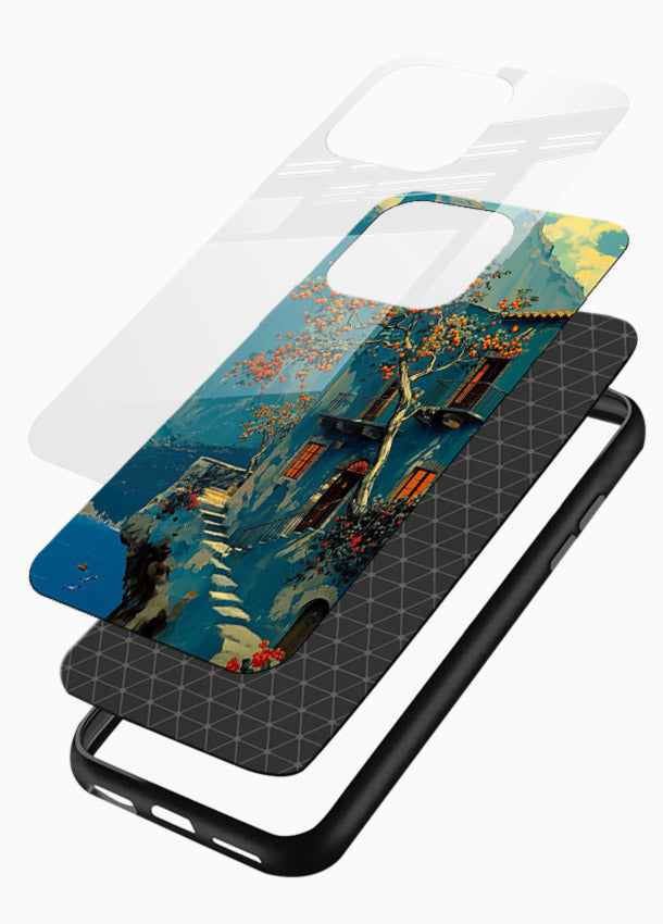 Blue Cliff Village coastal cliff village artwork glossy vibrant premium glass back cover - Angle Layers