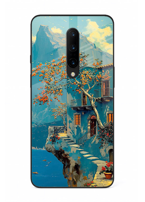 Blue Cliff Village coastal cliff village artwork OnePlus 7 Pro glass back cover