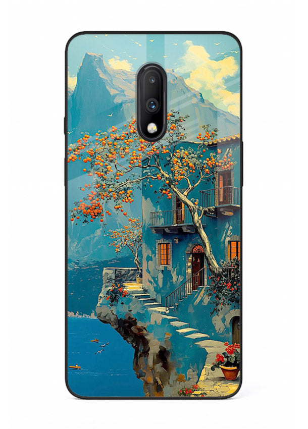 Blue Cliff Village coastal cliff village artwork OnePlus 7 glass back cover