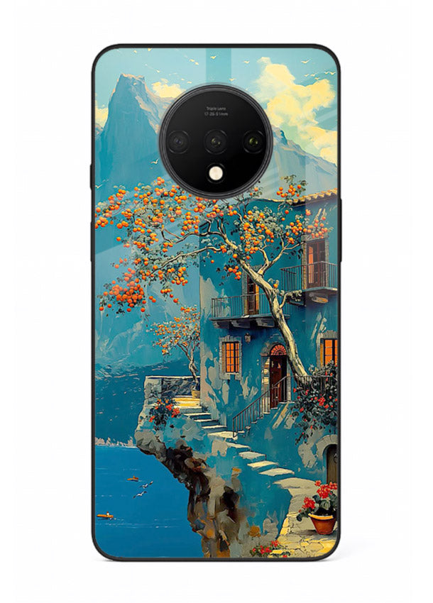 Blue Cliff Village coastal cliff village artwork OnePlus 7T glass back cover