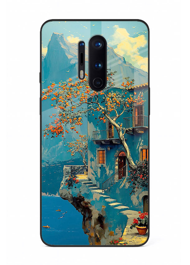 Blue Cliff Village coastal cliff village artwork OnePlus 8 Pro glass back cover