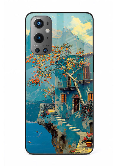 Blue Cliff Village coastal cliff village artwork OnePlus 9 glass back cover