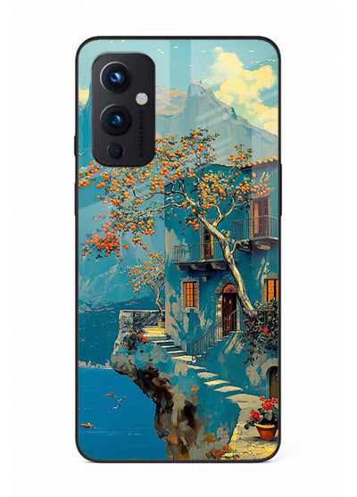 Blue Cliff Village coastal cliff village artwork OnePlus 9 Pro glass back cover
