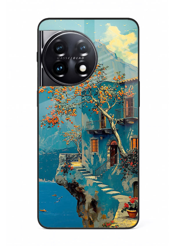 Blue Cliff Village coastal cliff village artwork OnePlus 11 glass back cover