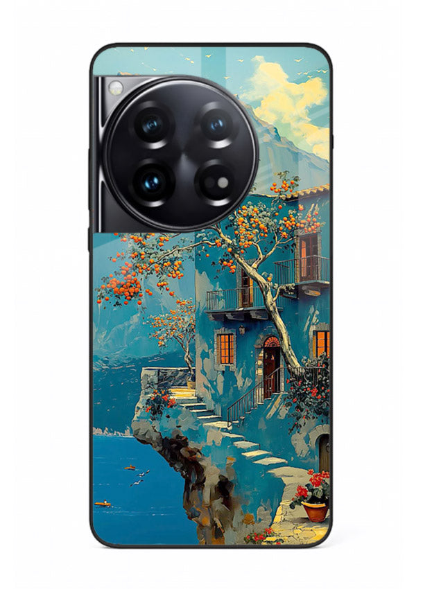 Blue Cliff Village coastal cliff village artwork OnePlus 12 glass back cover