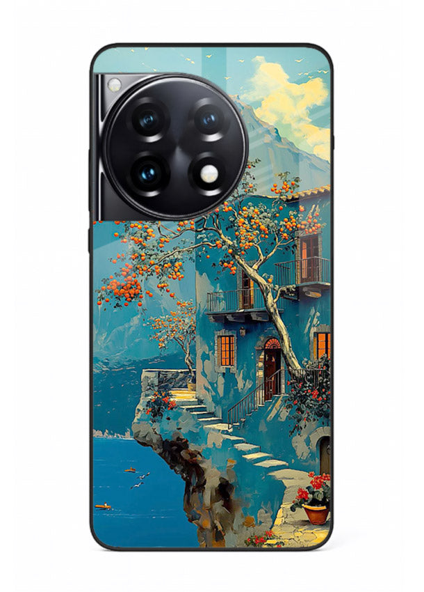 Blue Cliff Village coastal cliff village artwork OnePlus 12R glass back cover