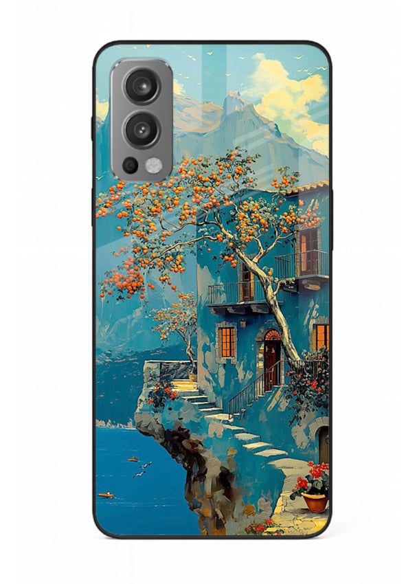 Blue Cliff Village coastal cliff village artwork OnePlus Nord 2 glass back cover
