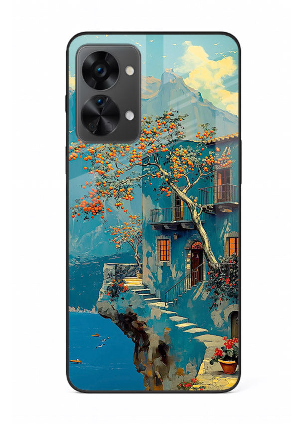 Blue Cliff Village coastal cliff village artwork OnePlus Nord 2T glass back cover