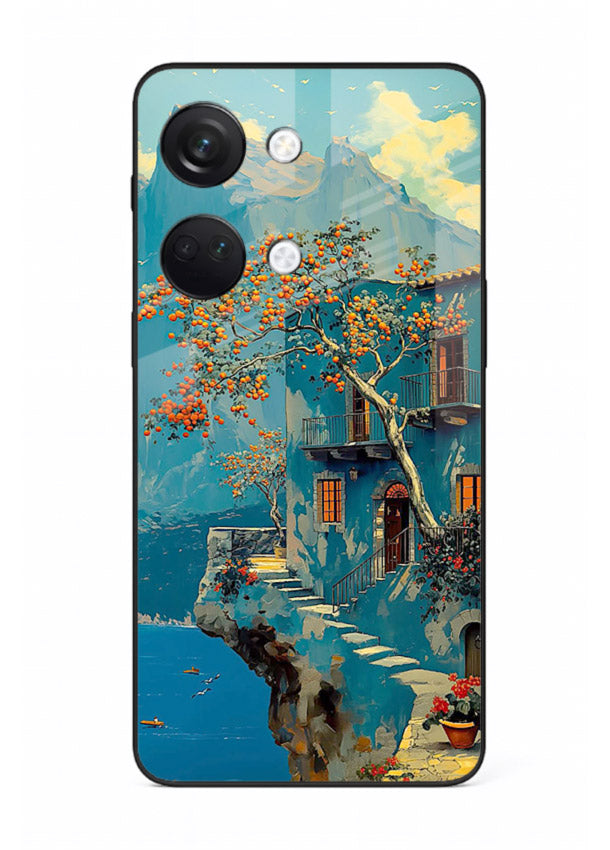 Blue Cliff Village coastal cliff village artwork OnePlus Nord 3 glass back cover