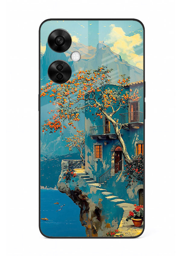 Blue Cliff Village coastal cliff village artwork OnePlus Nord CE3 Lite glass back cover