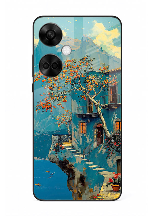 Blue Cliff Village coastal cliff village artwork OnePlus Nord CE3 glass back cover