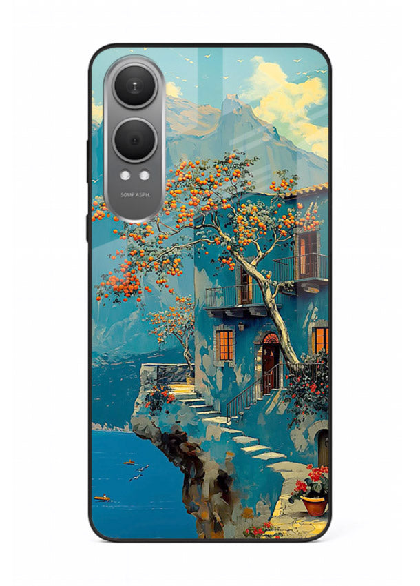 Blue Cliff Village coastal cliff village artwork OnePlus Nord CE4 Lite glass back cover