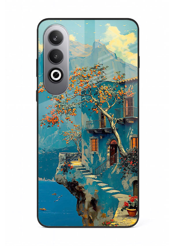Blue Cliff Village coastal cliff village artwork OnePlus Nord CE4 glass back cover