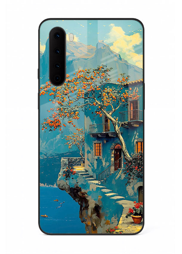 Blue Cliff Village coastal cliff village artwork OnePlus Nord glass back cover