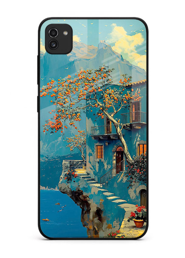 Blue Cliff Village coastal cliff village artwork Samsung A03 glass back cover
