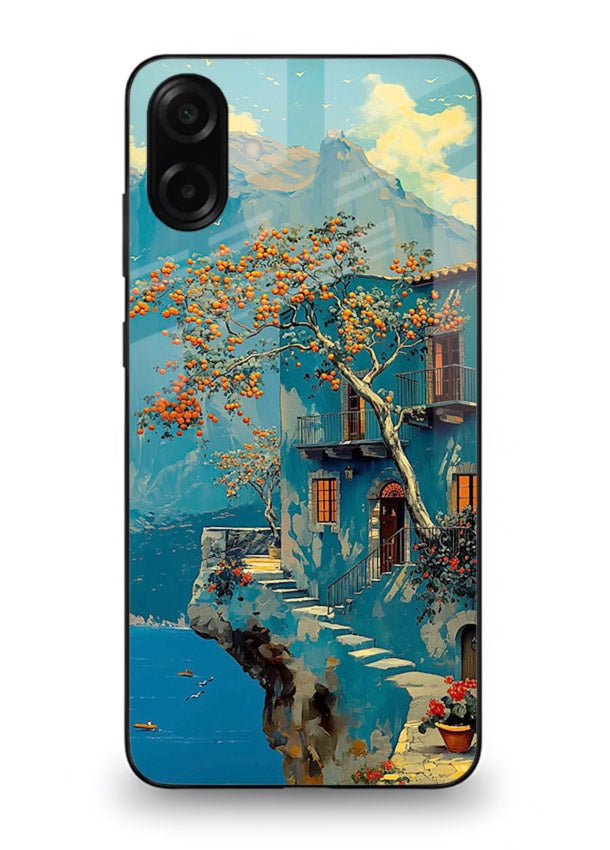 Blue Cliff Village coastal cliff village artwork Samsung M13 5G glass back cover