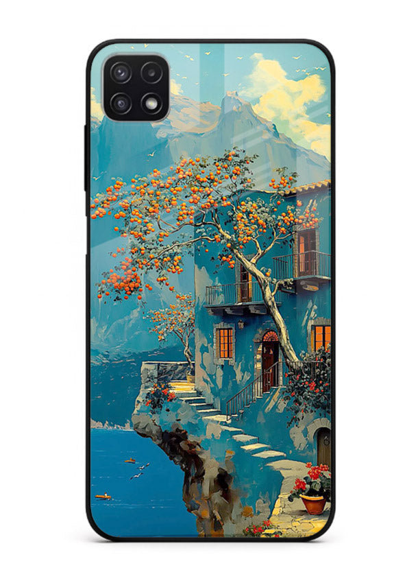 Blue Cliff Village coastal cliff village artwork Samsung A22 5G glass back cover