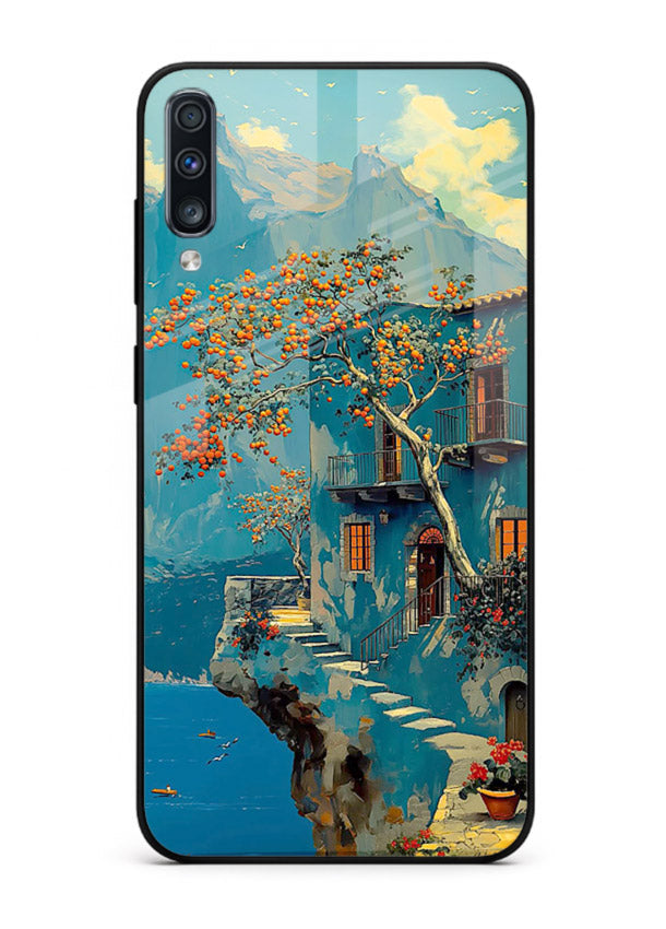 Blue Cliff Village coastal cliff village artwork Samsung A50 glass back cover