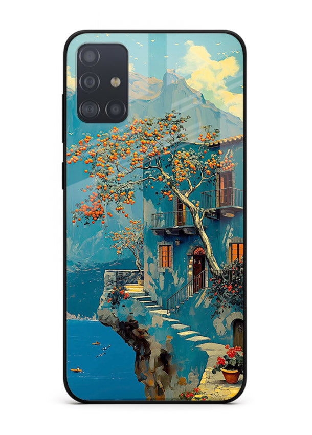 Blue Cliff Village coastal cliff village artwork Samsung A71 glass back cover