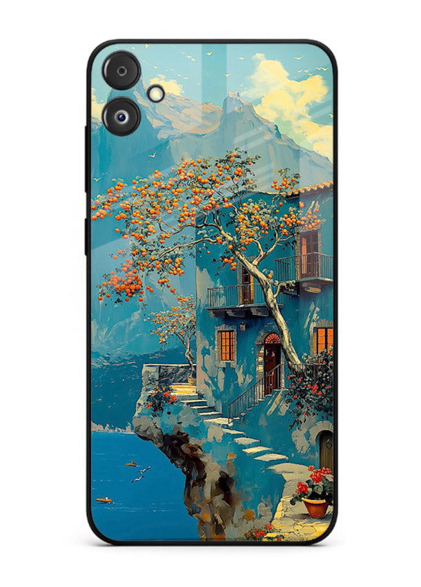 Blue Cliff Village coastal cliff village artwork Samsung F04 5G glass back cover