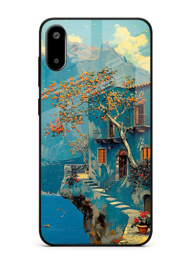 Blue Cliff Village coastal cliff village artwork Samsung F06 5G glass back cover