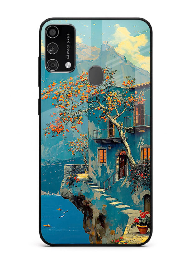 Blue Cliff Village coastal cliff village artwork Samsung F41 glass back cover