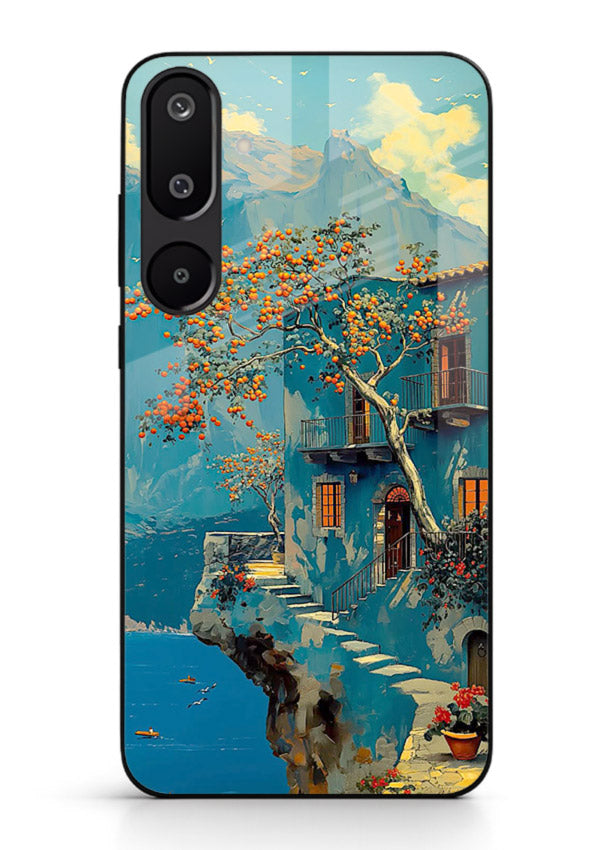 Blue Cliff Village coastal cliff village artwork Samsung M16 5G glass back cover