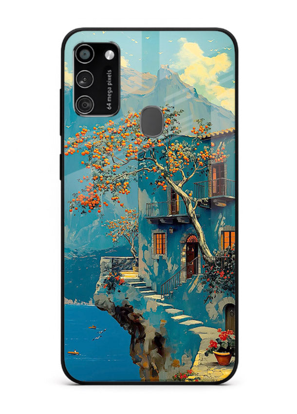 Blue Cliff Village coastal cliff village artwork Samsung M21 glass back cover