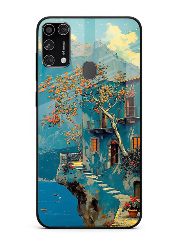 Blue Cliff Village coastal cliff village artwork Samsung M31 Prime glass back cover