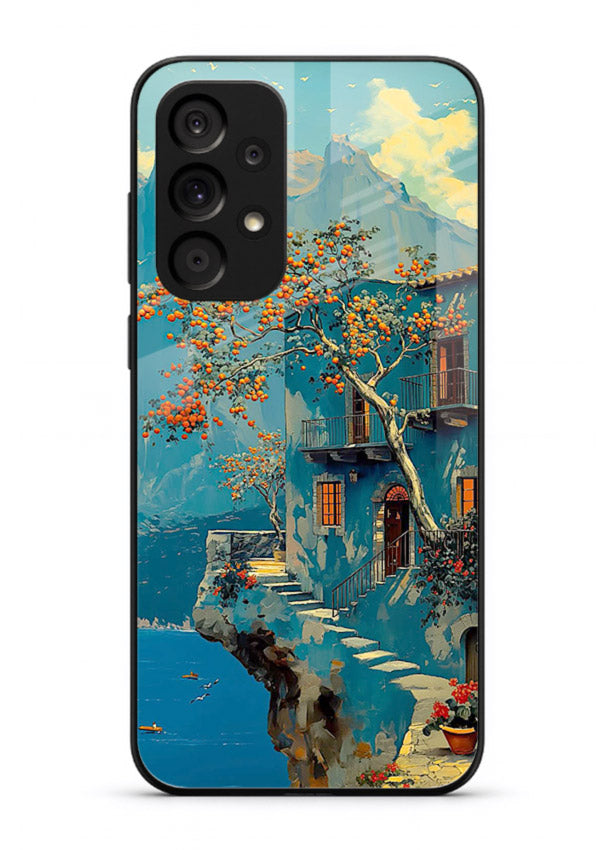 Blue Cliff Village coastal cliff village artwork Samsung A73 5G glass back cover