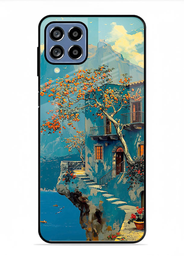 Blue Cliff Village coastal cliff village artwork Samsung A22 4G glass back cover