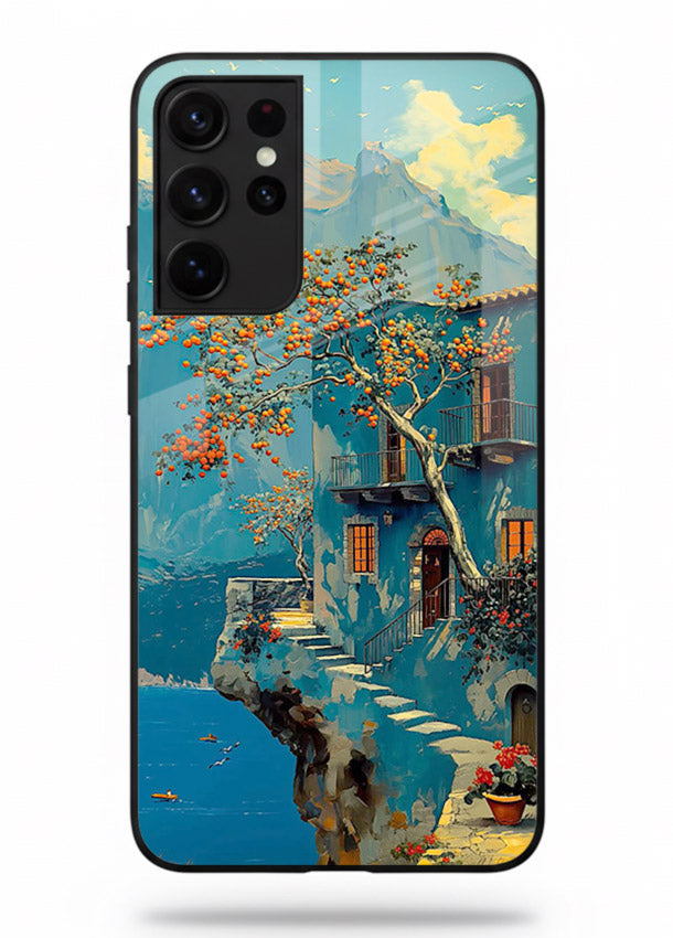 Blue Cliff Village coastal cliff village artwork Samsung S21 Ultra glass back cover
