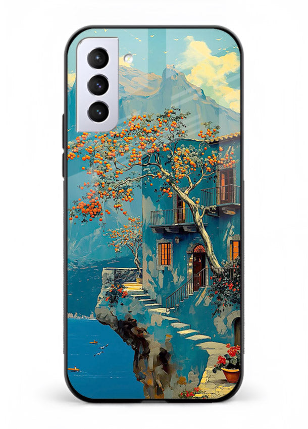 Blue Cliff Village coastal cliff village artwork Samsung S21 Plus glass back cover