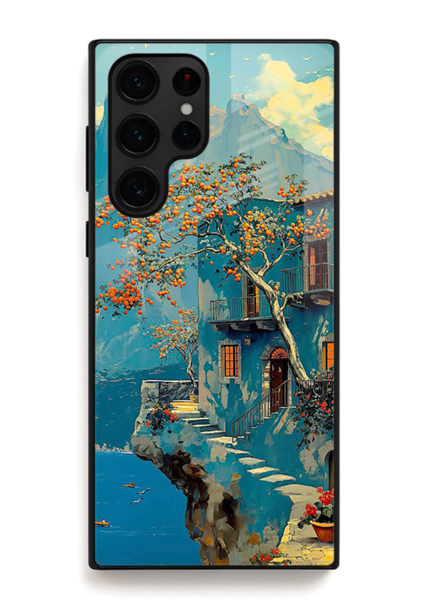 Blue Cliff Village coastal cliff village artwork Samsung S25 Ultra glass back cover