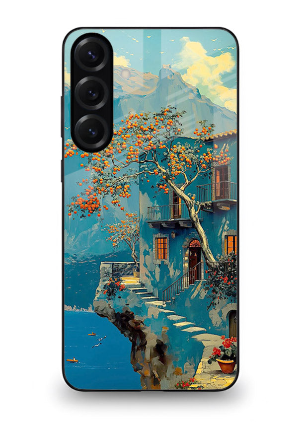 Blue Cliff Village coastal cliff village artwork Samsung A25 5G glass back cover