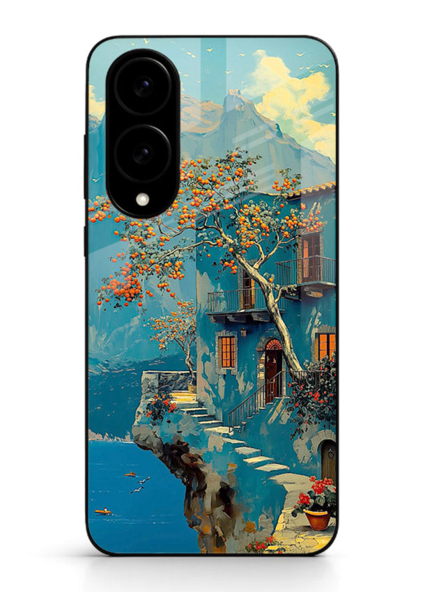 Blue Cliff Village coastal cliff village artwork Samsung S25 Edge glass back cover